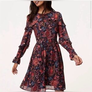 Loft Boho Long Sleeve Floral Dress Ruffle Detail Size 4 Navy Blue & Dark Red